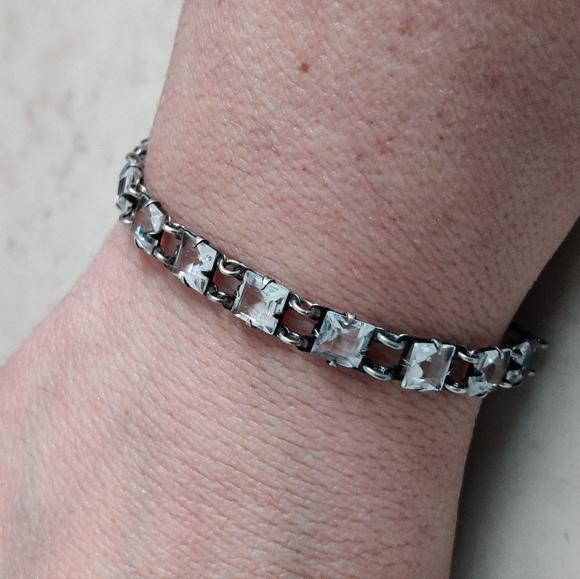 Antique True Art Deco Square Cut Crystal Bracelet Sterling Silver - Picture 11 of 15